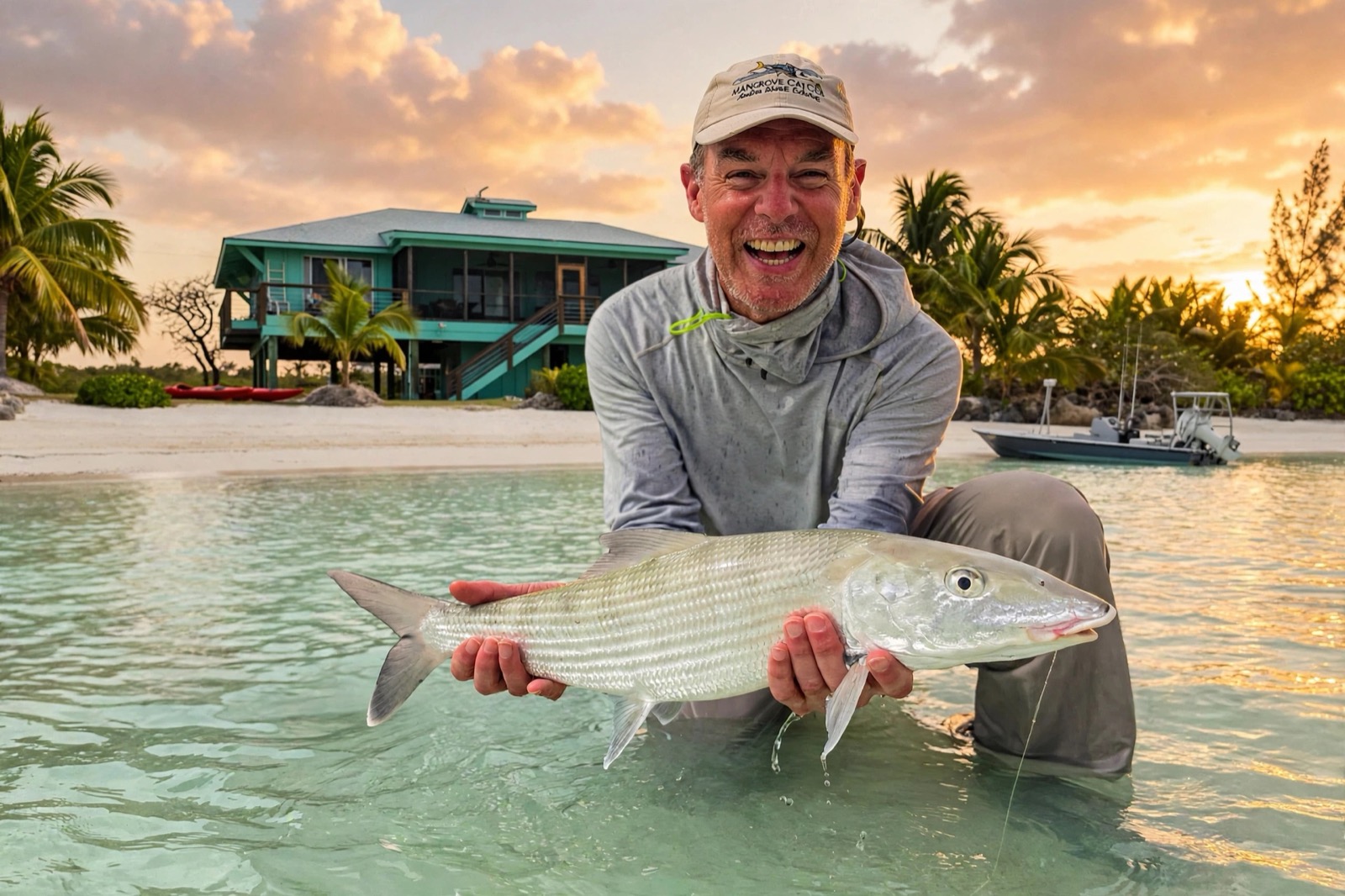 An angler kneeling in golden-hour shallows holding a bonefish, the villa and its beach right behind him