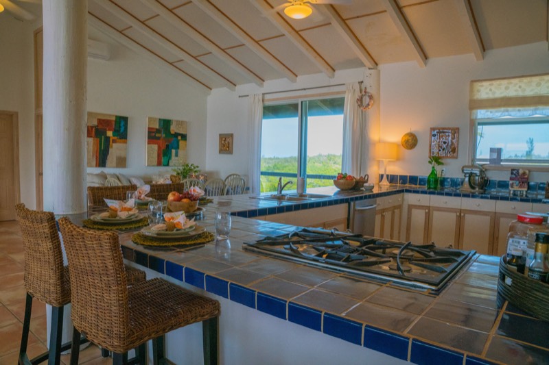 Kitchen work zone with gas cooktop, set place-settings and a window of green landscape